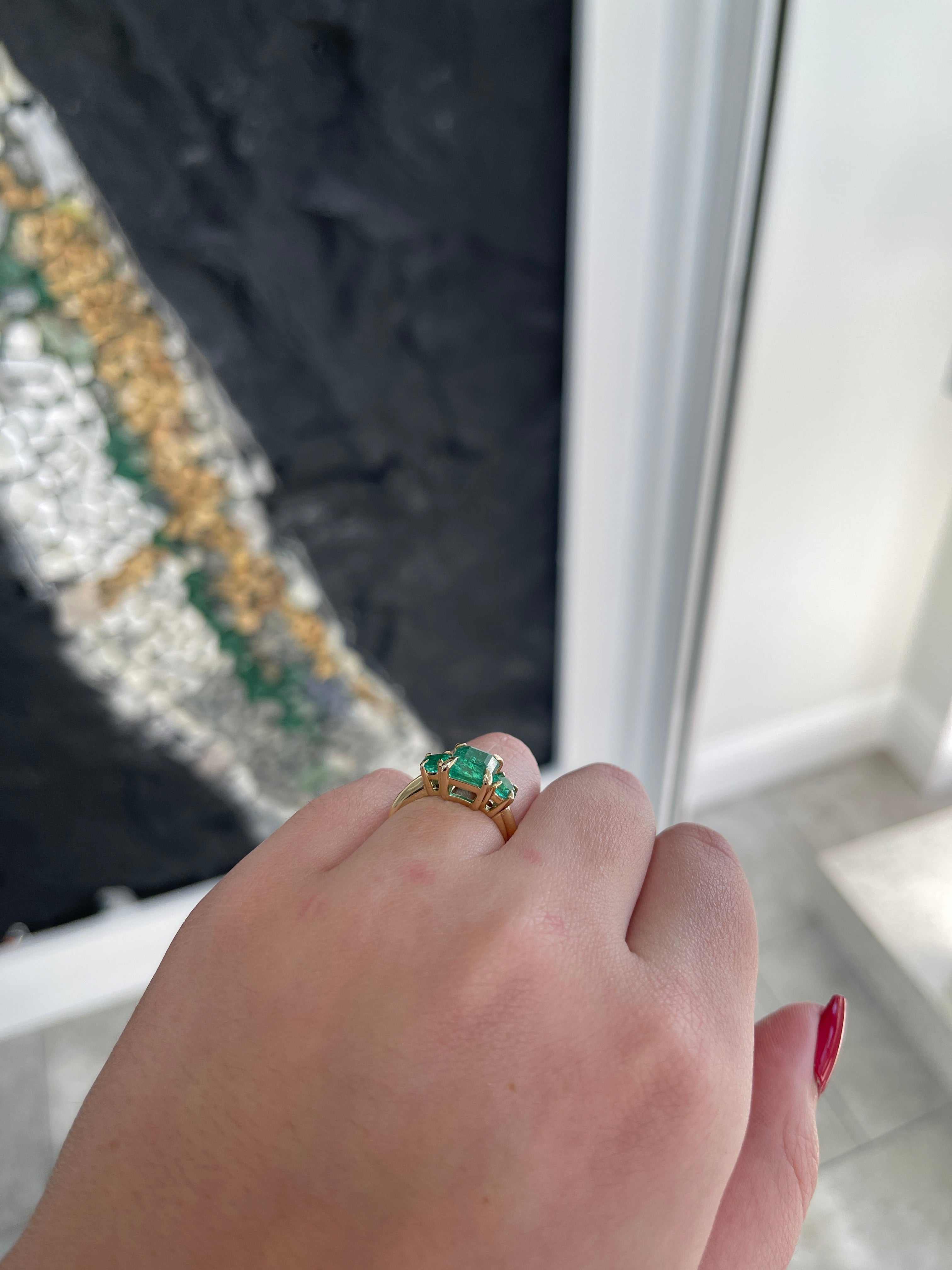 3.01tcw 14K Natural Lush Green Asscher Round Cut Emerald 3 Stone Claw Prong Trilogy Ring - JR Colombian Emeralds