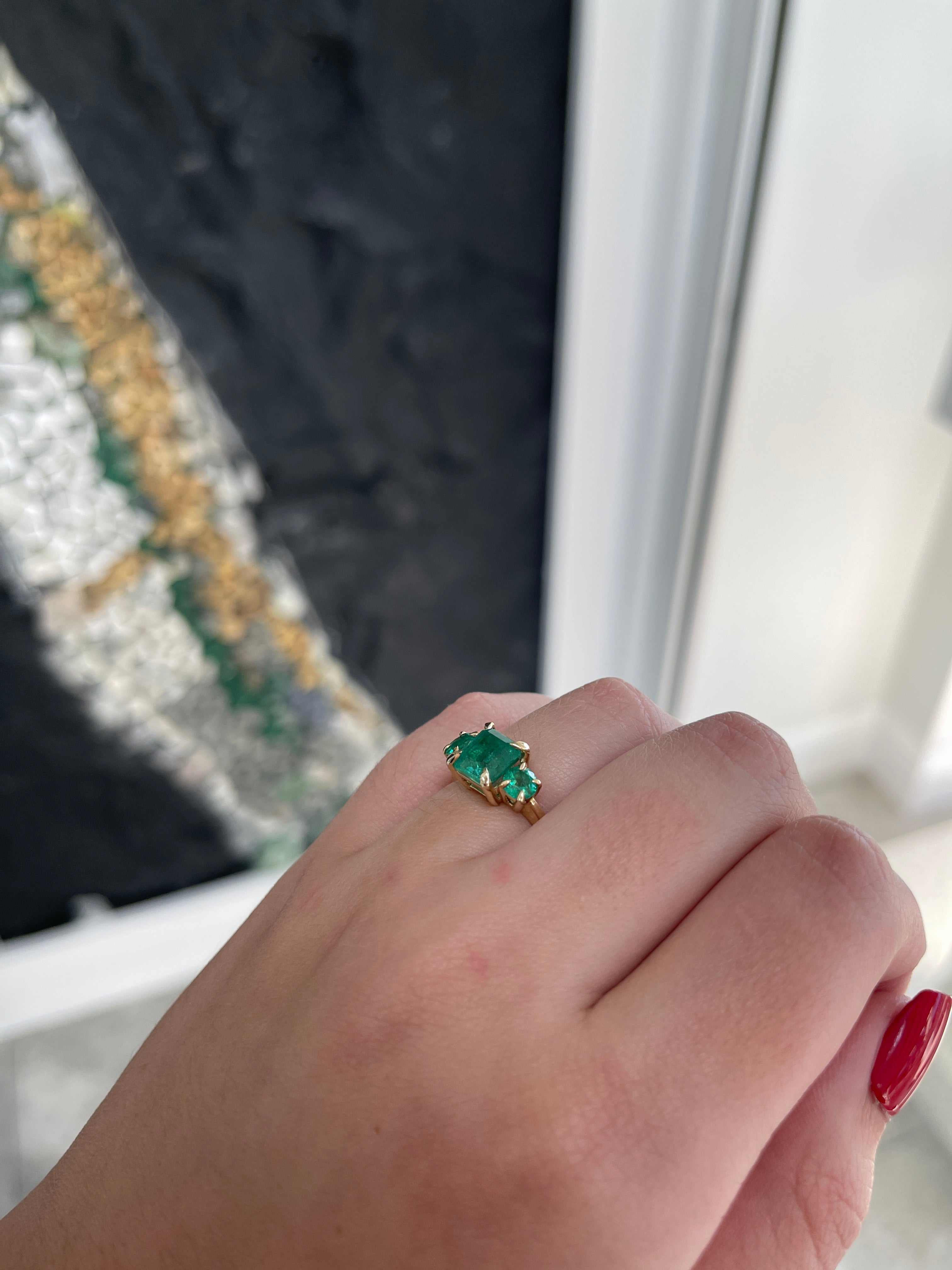 3.01tcw 14K Natural Lush Green Asscher Round Cut Emerald 3 Stone Claw Prong Trilogy Ring - JR Colombian Emeralds