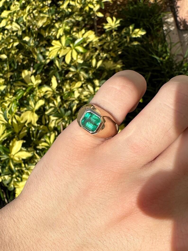 3.29ct 14K Asscher Cut Wide Emerald Solitaire Gypsy Signet Men's Ring - JR Colombian Emeralds