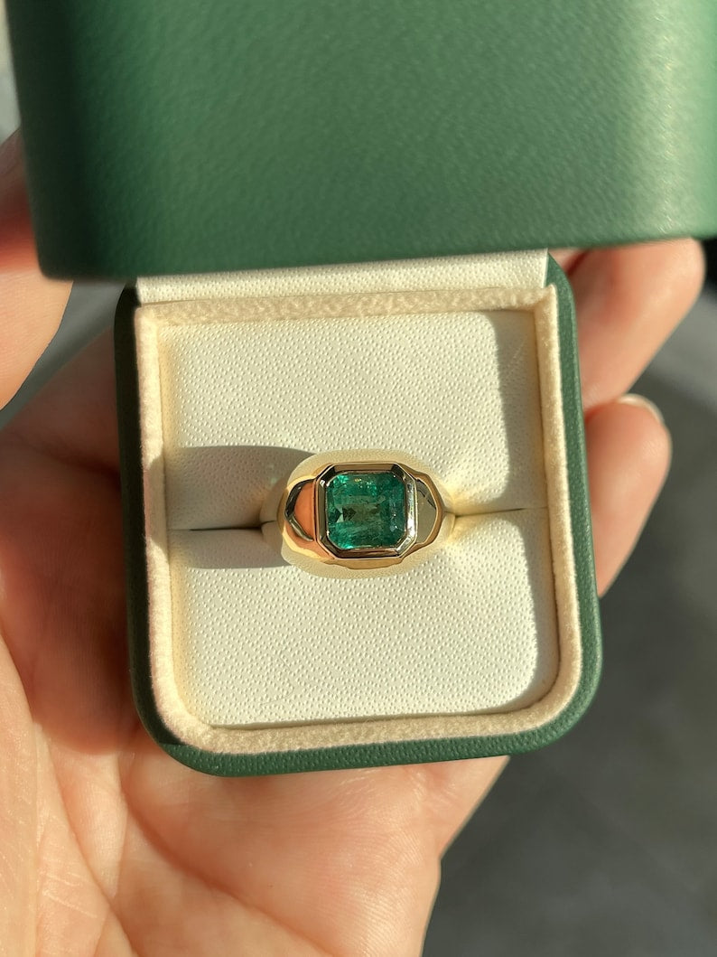 3.29ct 14K Asscher Cut Wide Emerald Solitaire Gypsy Signet Men's Ring - JR Colombian Emeralds