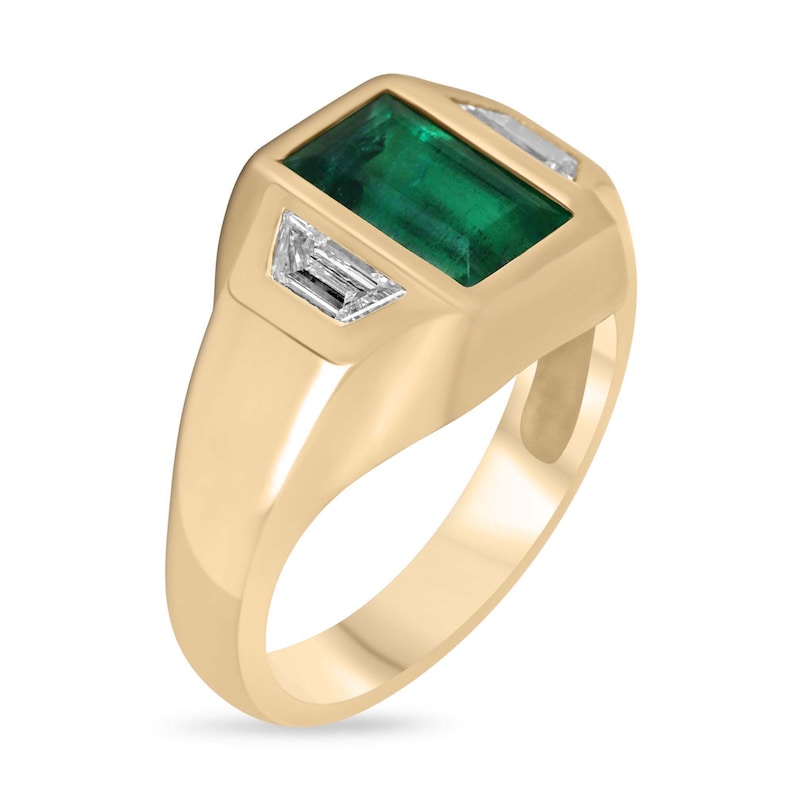 Unisex 18K gold ring featuring a 3.30tcw dark green emerald and three diamonds, crafted by Colombian Emerald.