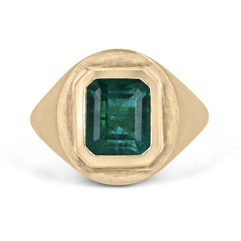 Deep lush green emerald cut solitaire ring by Colombian Emerald with matte finish, 3.86 carats, unisex gypsy style in 18K gold.