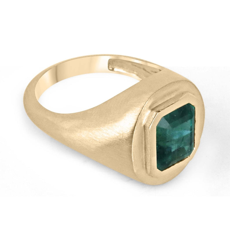 Deep green 3.86 carat emerald cut solitaire unisex ring with matte finish, Colombian Emerald brand, gypsy style, 18K gold.
