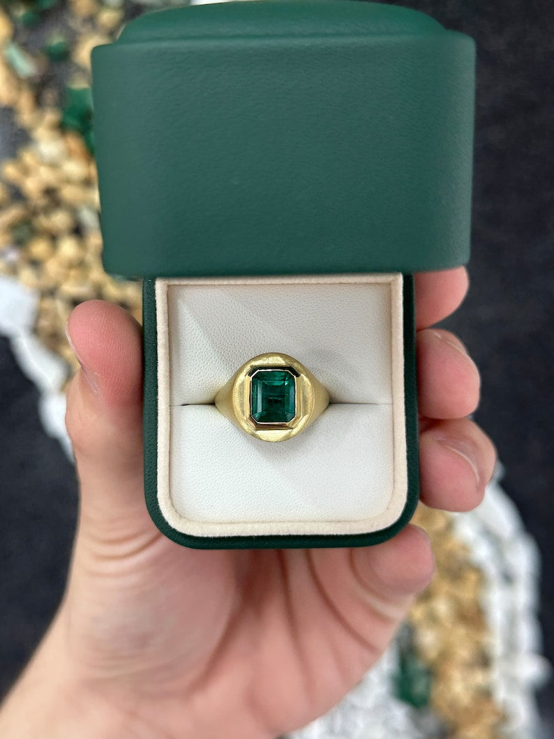 Deep green 3.86 carat emerald cut solitaire ring with matte finish, Colombian Emerald unisex gypsy style jewelry.