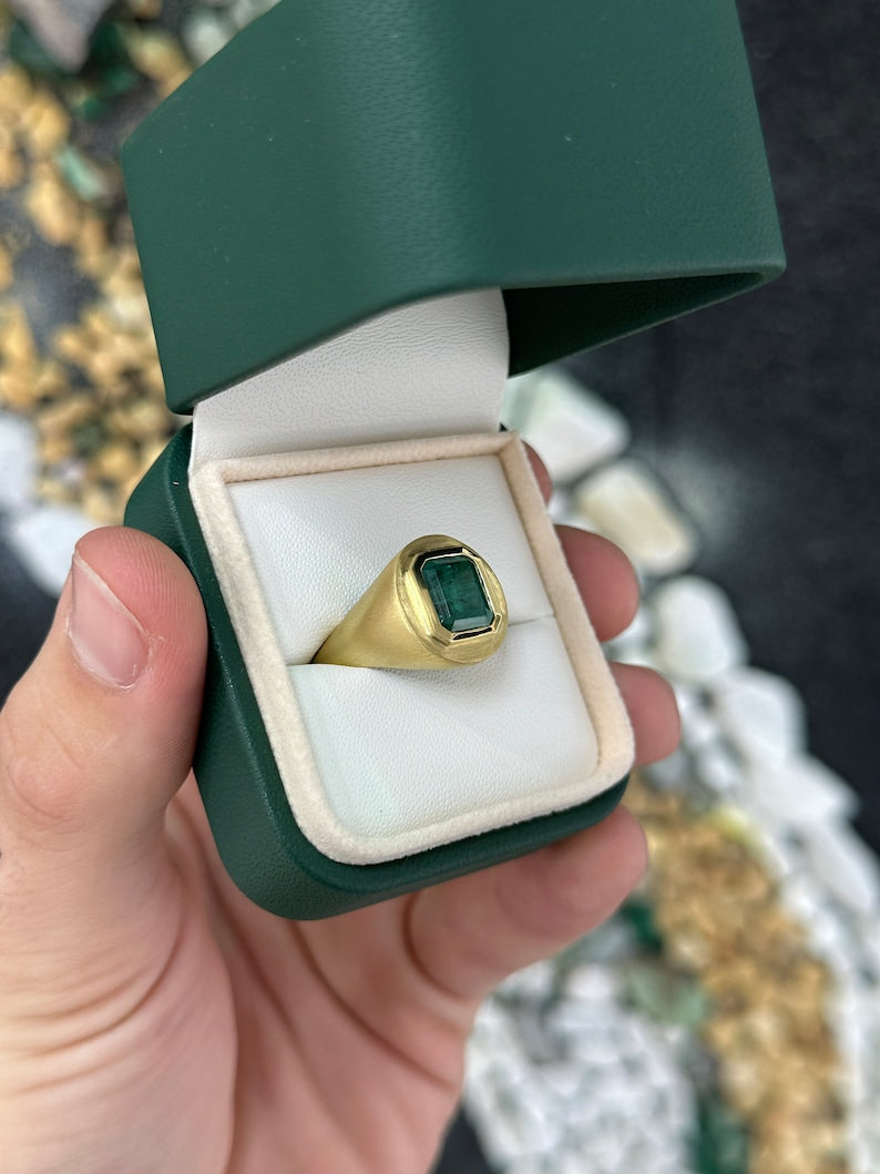 Deep lush green emerald cut solitaire ring with matte finish, 3.86 carats, unisex style, Colombian Emerald brand.