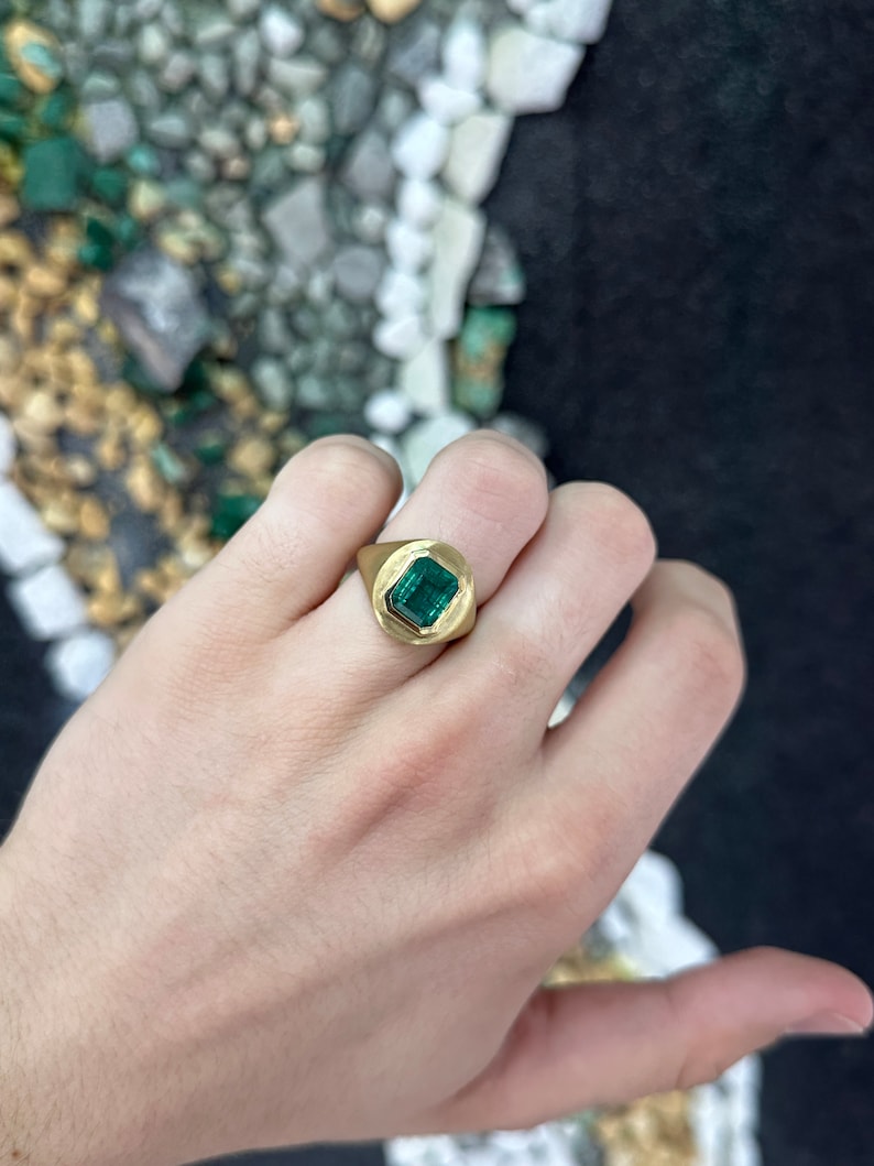 Deep green 3.86 carat emerald cut solitaire ring with matte finish, unisex gypsy style, Colombian Emerald brand.