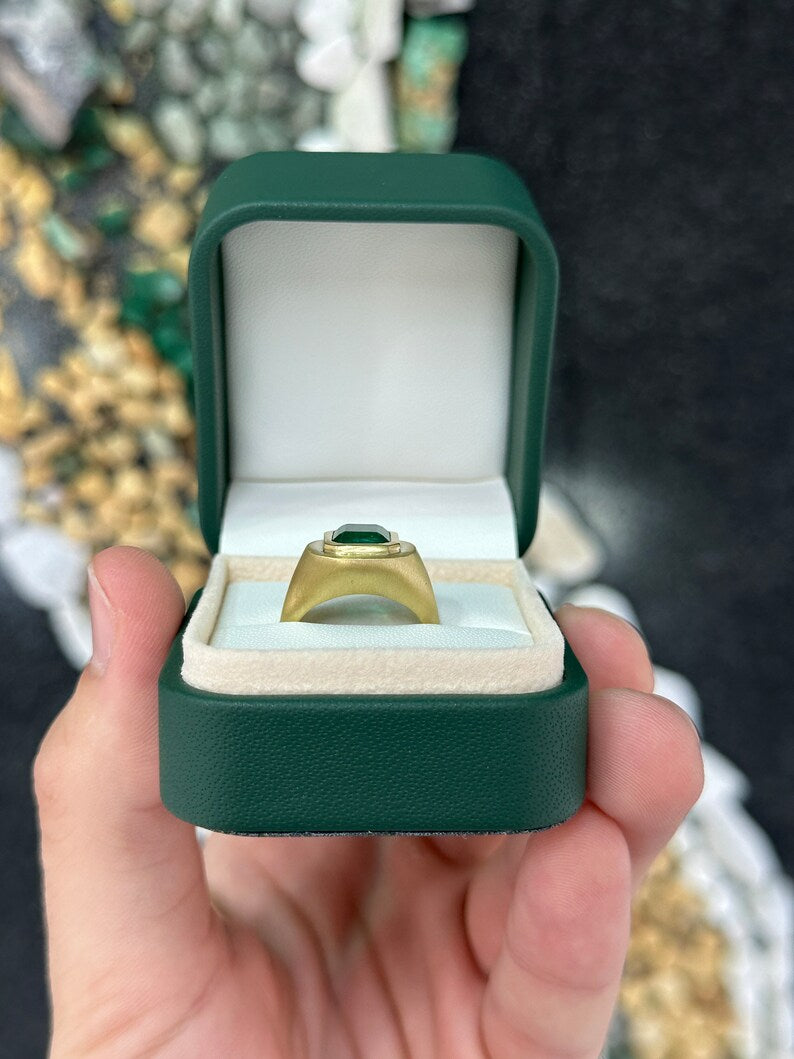 Deep lush green emerald cut solitaire ring with matte finish, 3.86 carats, unisex gypsy style, Colombian Emerald brand.