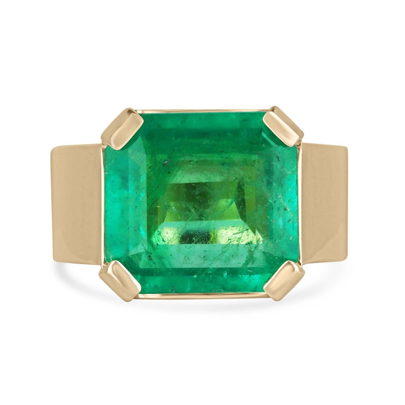 Colombian Emerald men's 18K gold ring with 5.16ct vivid apple green emerald solitaire, 7.5mm unisex pinky band ring