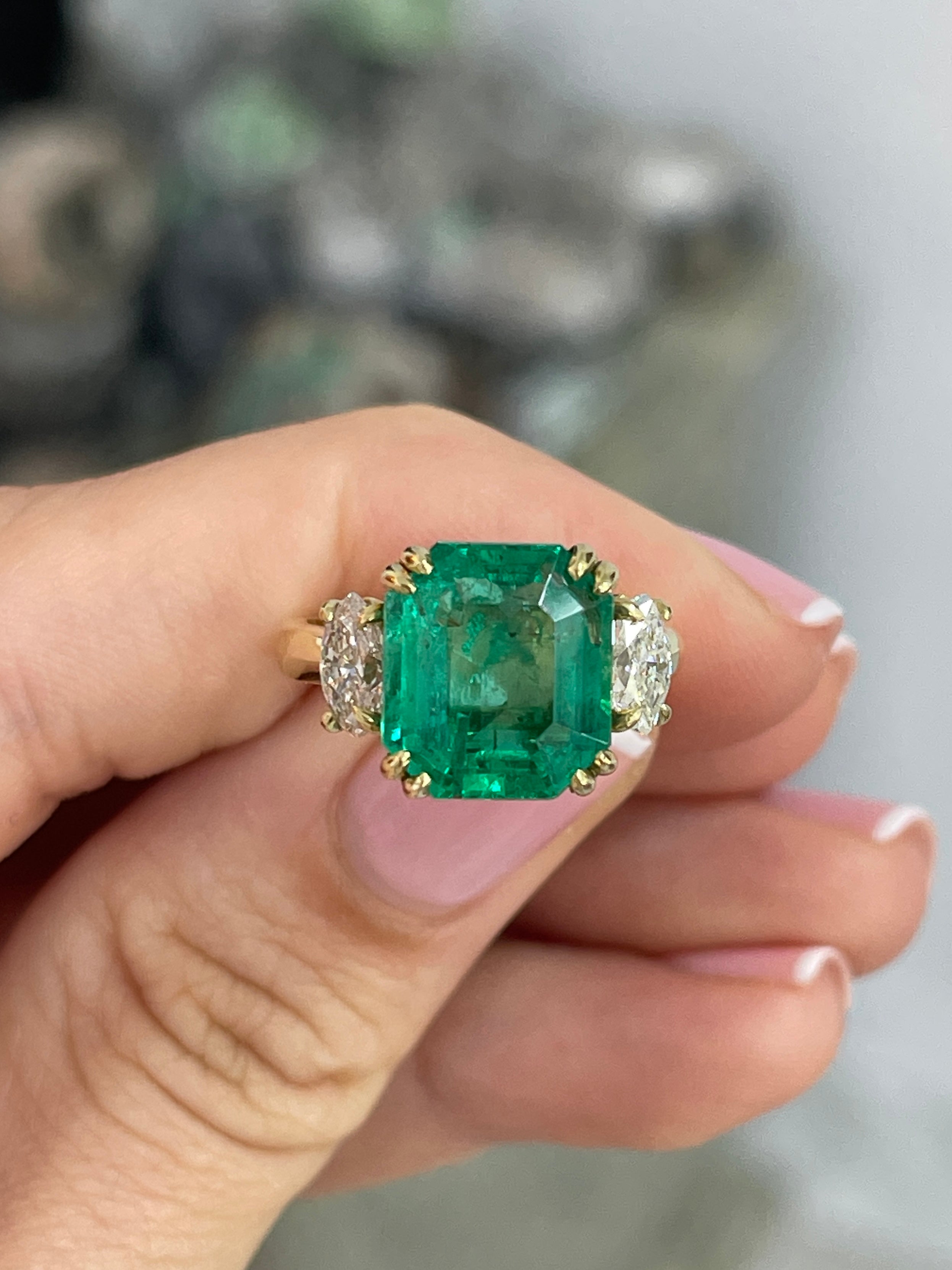 6.59tcw CERTIFIED 18K Fine Quality Dark Vivid Bluish-Green Emerald & Marquise 3 Stone Diamond Ring - JR Colombian Emeralds