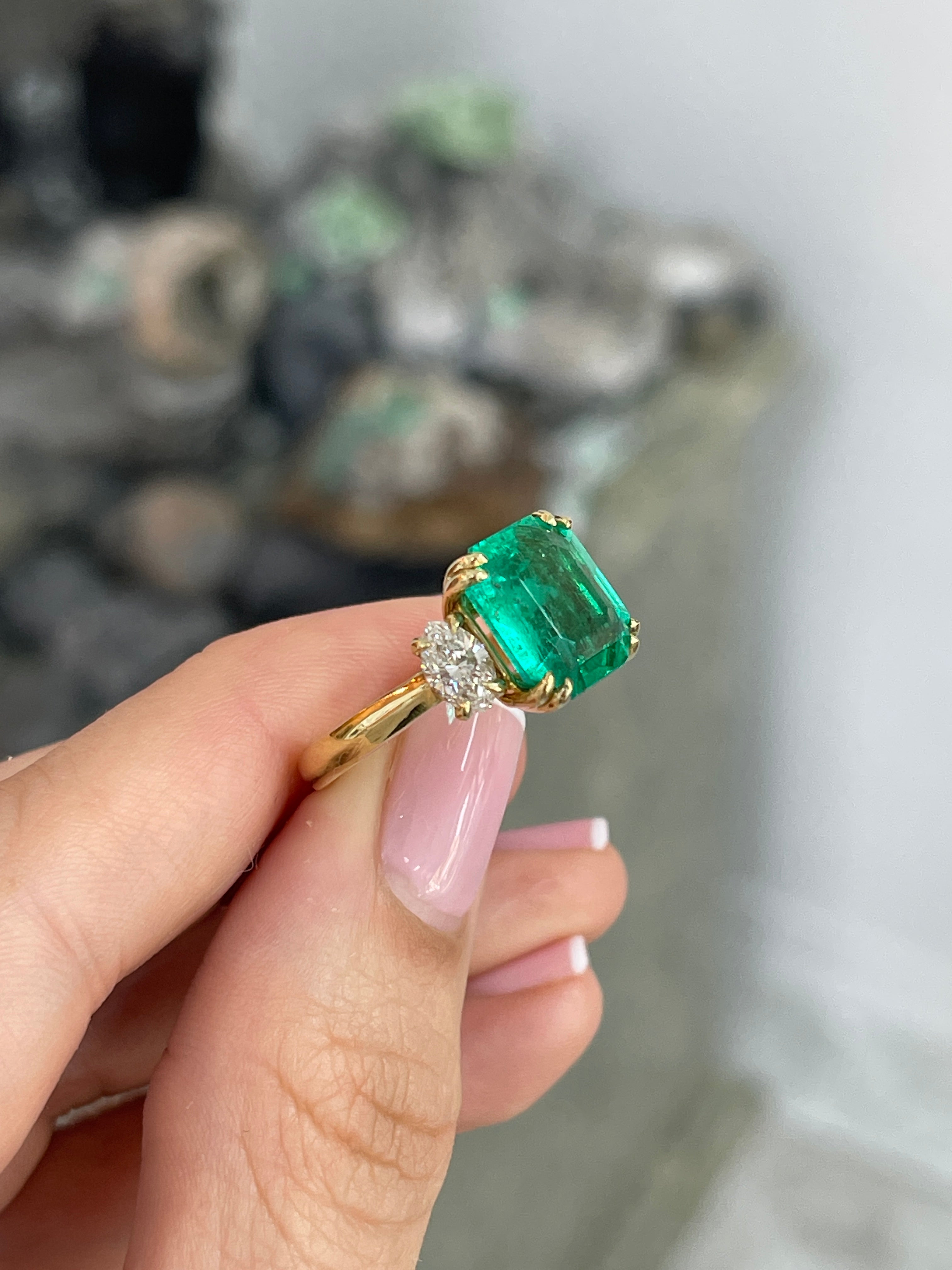 6.59tcw CERTIFIED 18K Fine Quality Dark Vivid Bluish-Green Emerald & Marquise 3 Stone Diamond Ring - JR Colombian Emeralds