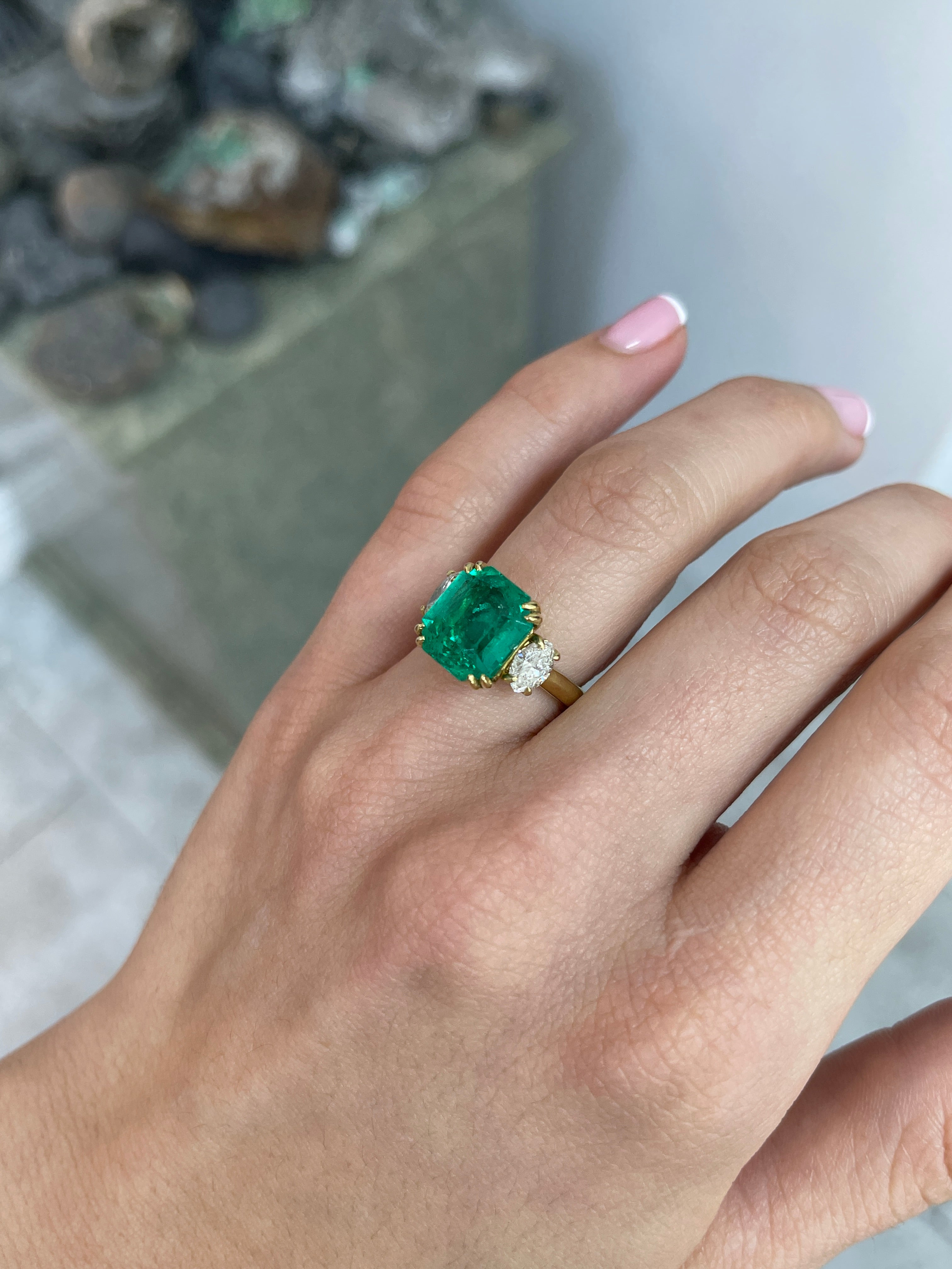 6.59tcw CERTIFIED 18K Fine Quality Dark Vivid Bluish-Green Emerald & Marquise 3 Stone Diamond Ring - JR Colombian Emeralds