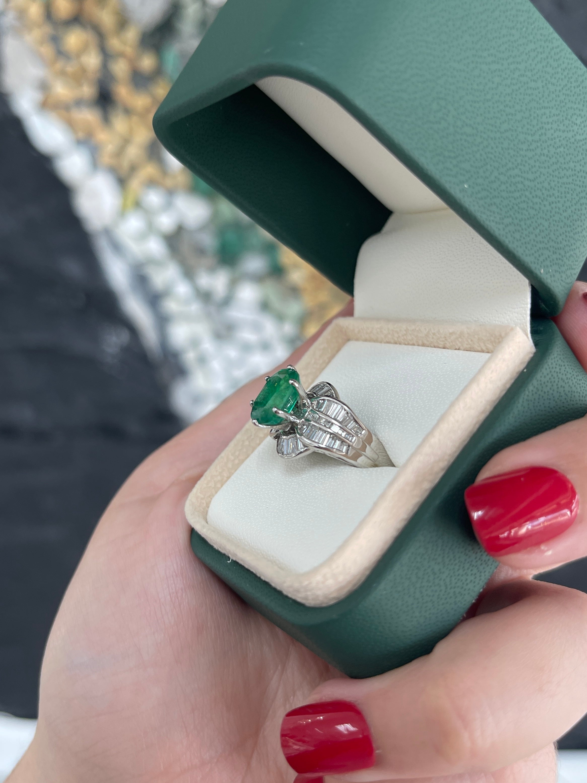 Antique 3.77ctw emerald and diamond ring with oval cut stones set in 18K white gold, by Colombian Emerald.