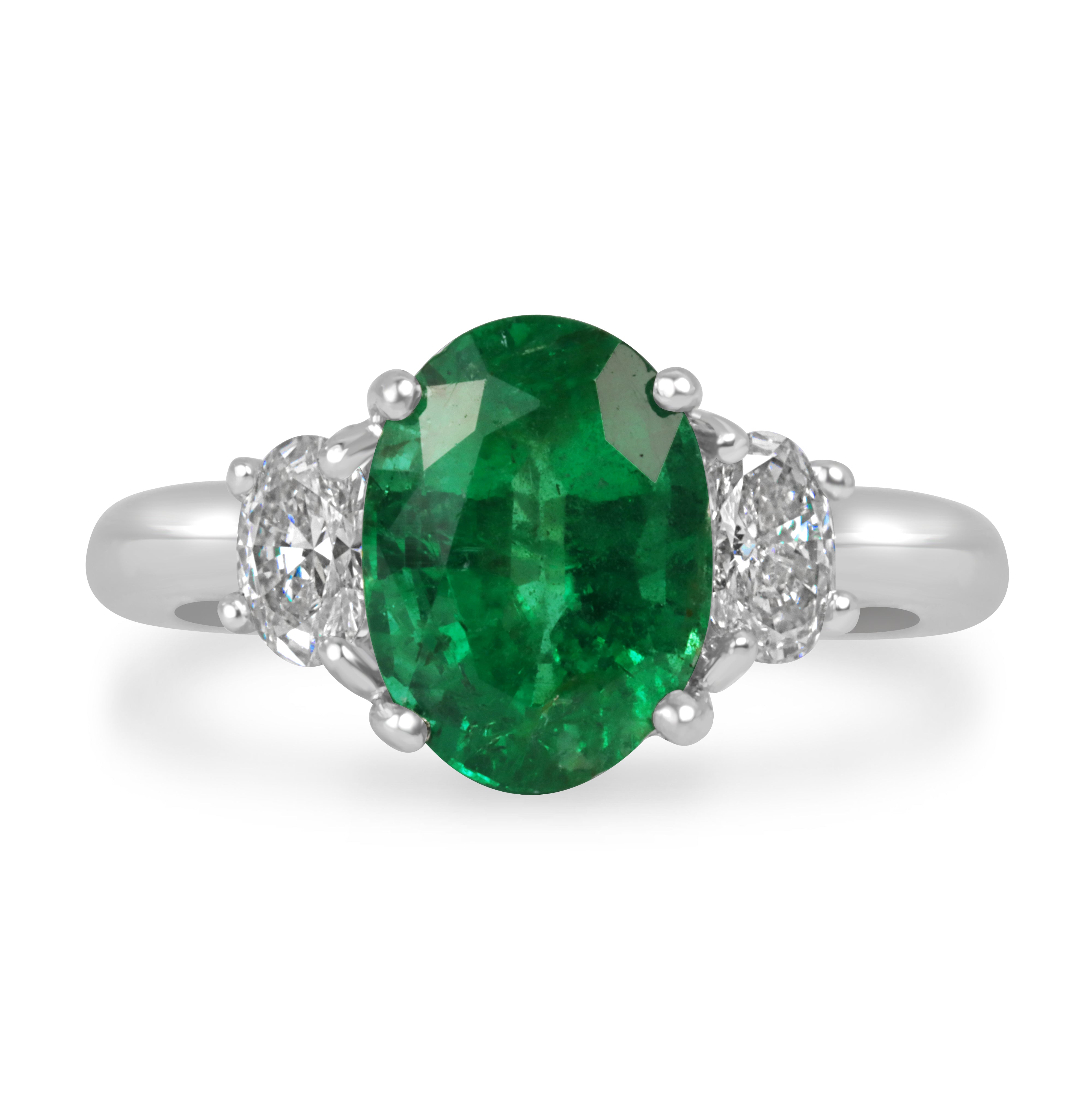 2.97tcw Vivid Green Oval Emerald & Oval Diamond Three Stone Ring Platinum