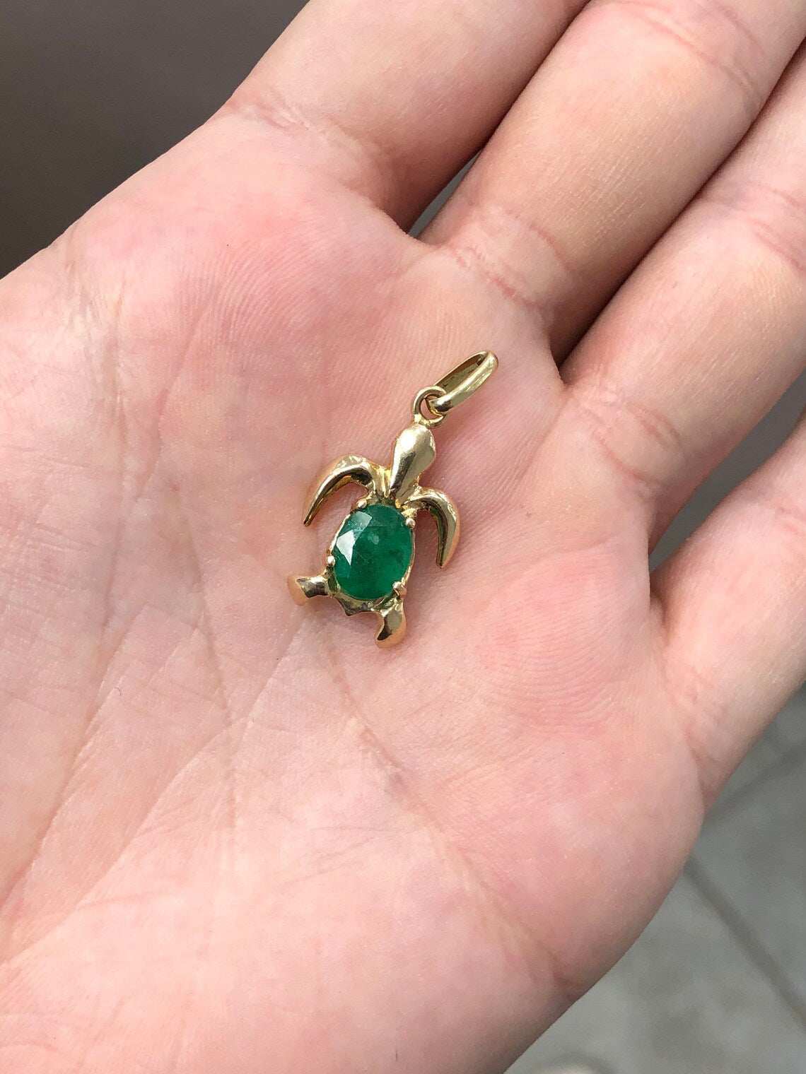 2.50 Carat Rich Dark Green Oval Emerald Sea Turtle Nautical Necklace 14K