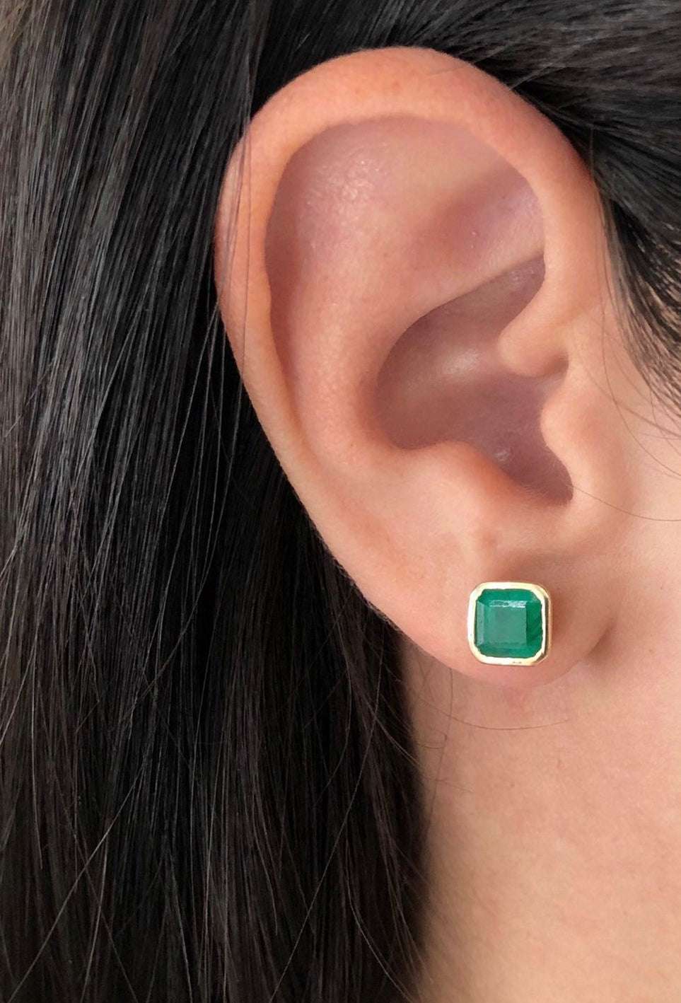 2.20tcw Asscher Cut Natural Emerald Dark Green Bezel Set Earrings 14K