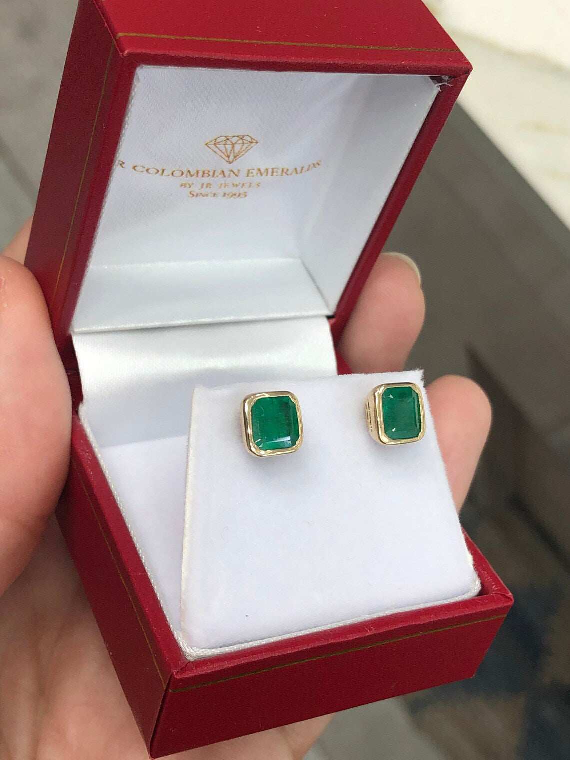 2.20tcw Asscher Cut Natural Emerald Dark Green Bezel Set Earrings 14K
