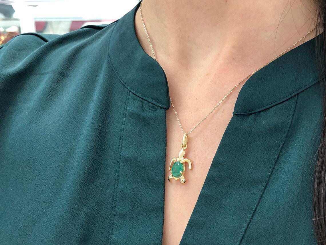 2.50 Carat Rich Dark Green Oval Emerald Sea Turtle Nautical Necklace 14K