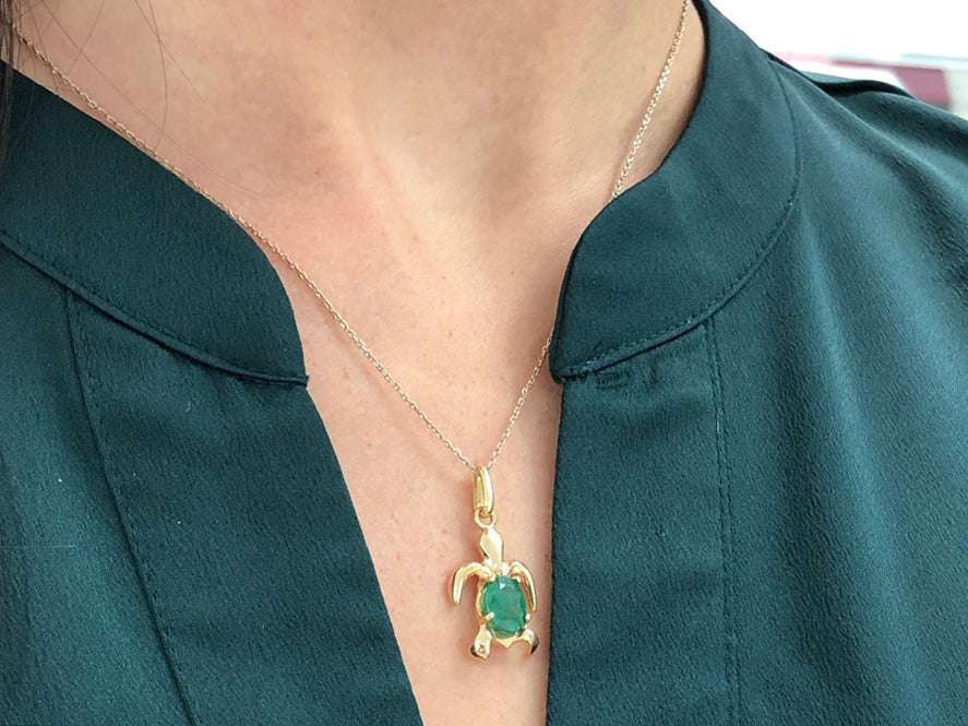 2.50 Carat Rich Dark Green Oval Emerald Sea Turtle Nautical Necklace 14K
