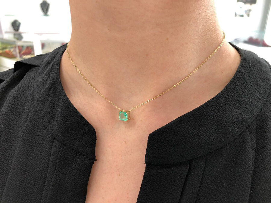 1.35CT 14K Solitaire Colombian Emerald Four Prong Slider Asscher Necklace Pendant