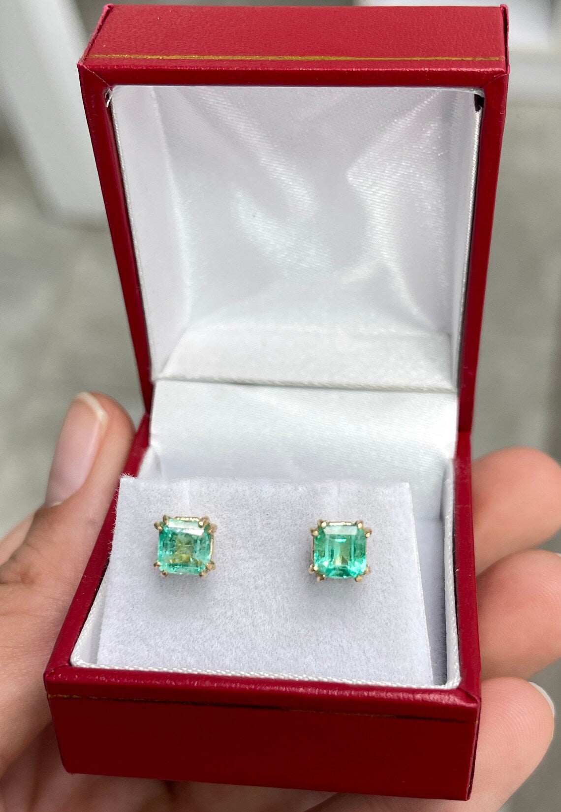 1.73tcw Asscher Cut Rich Green Colombian Emerald Earrings 14K