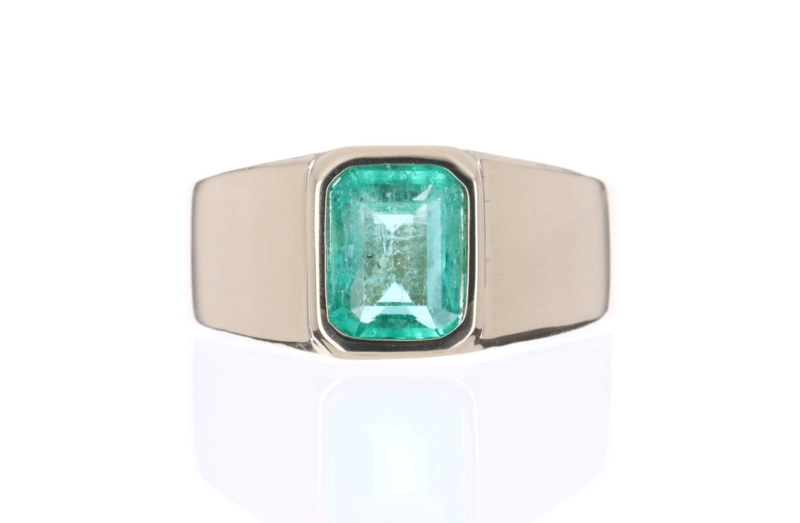 14K gold men's ring featuring a 2.80 carat Colombian emerald solitaire with a classic bezel setting by JR Colombian Emeralds.