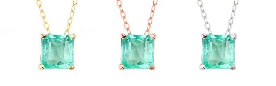1.35 Carat Simple Colombian Emerald 4 Prong Slider Asscher Necklace 14K Gold
