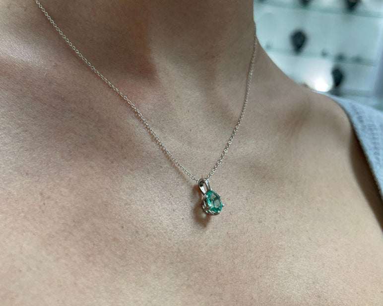 1.88 Carat Oval Cut Bright Green Colombian Emerald Six Prong Pendant 14K