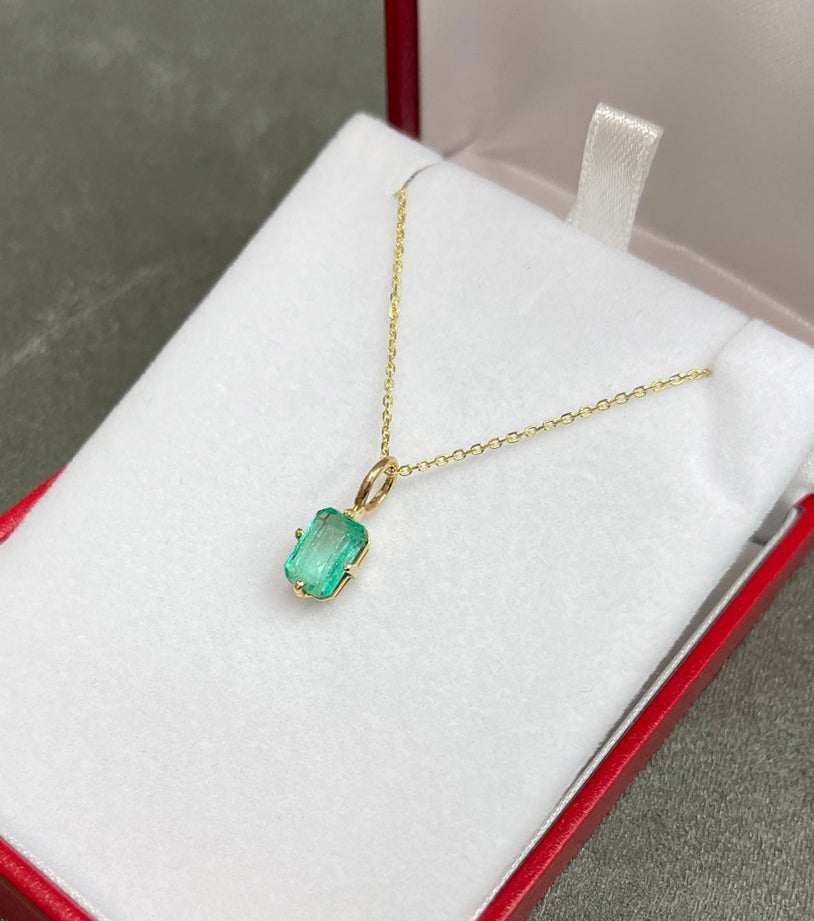 2.0 Carat Emerald Cut Colombian Emerald Solitaire Compass Prong Pendant Yellow Gold 14K