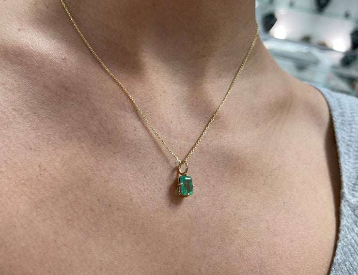 2.0 Carat Emerald Cut Colombian Emerald Solitaire Compass Prong Pendant Yellow Gold 14K