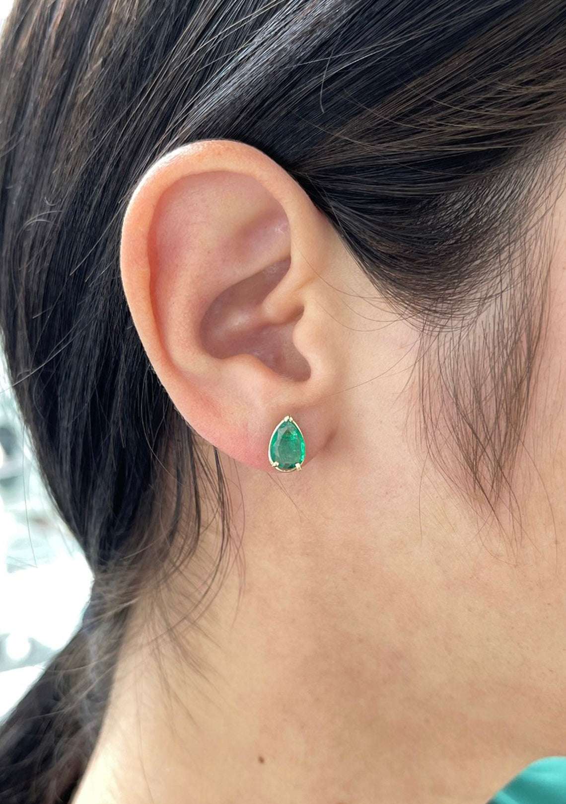 2.15tcw Tear Drop Natural Emerald Stud Earrings Yellow Gold 14K