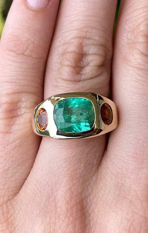 7.05tcw 14K Three Stone Large Cushion Cut Emerald & Oval Orange Sapphire Gypsy Ring