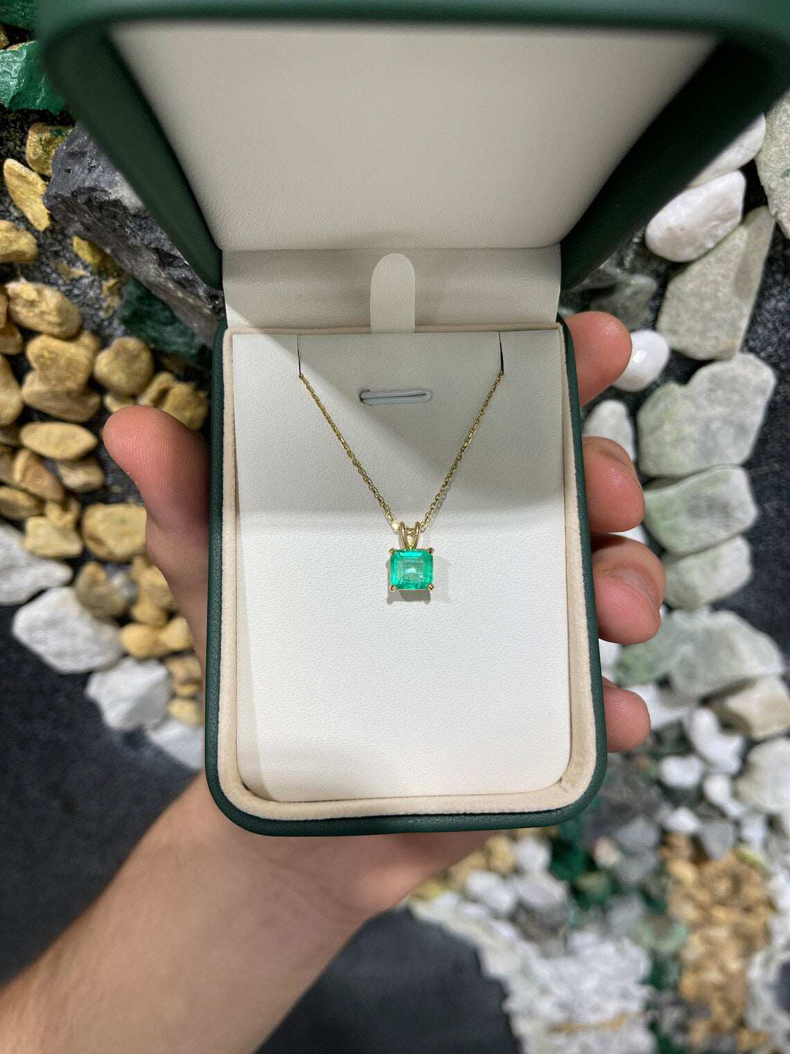 2.50 Carat Colombian Emerald-Asscher Cut Solitaire Four Prong Pendant 14K