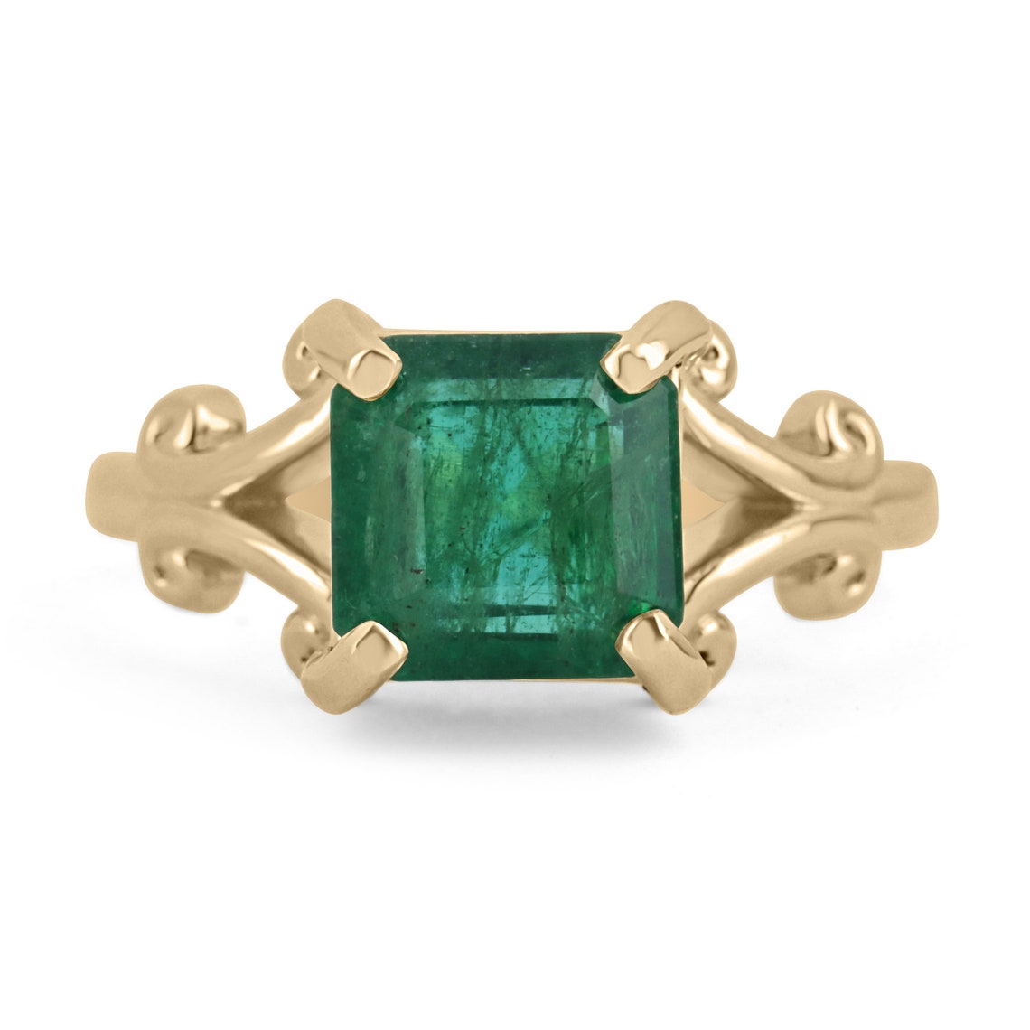 Elegant ladies emerald ring featuring a 2.63ct natural Asscher cut emerald in a 14K gold four-prong vintage setting by JR Colombian Emeralds.