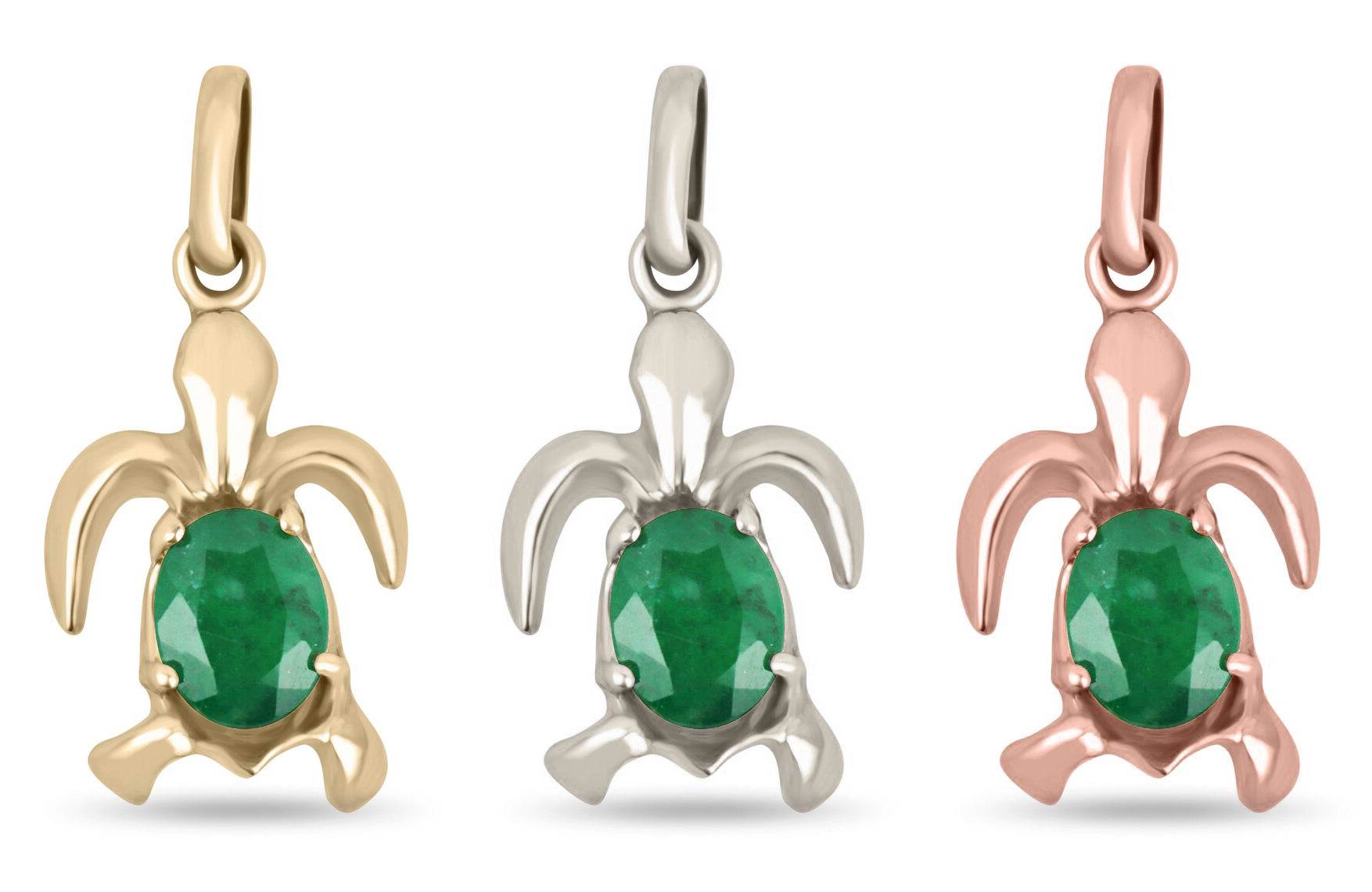 2.50 Carat Rich Dark Green Oval Emerald Sea Turtle Nautical Necklace 14K