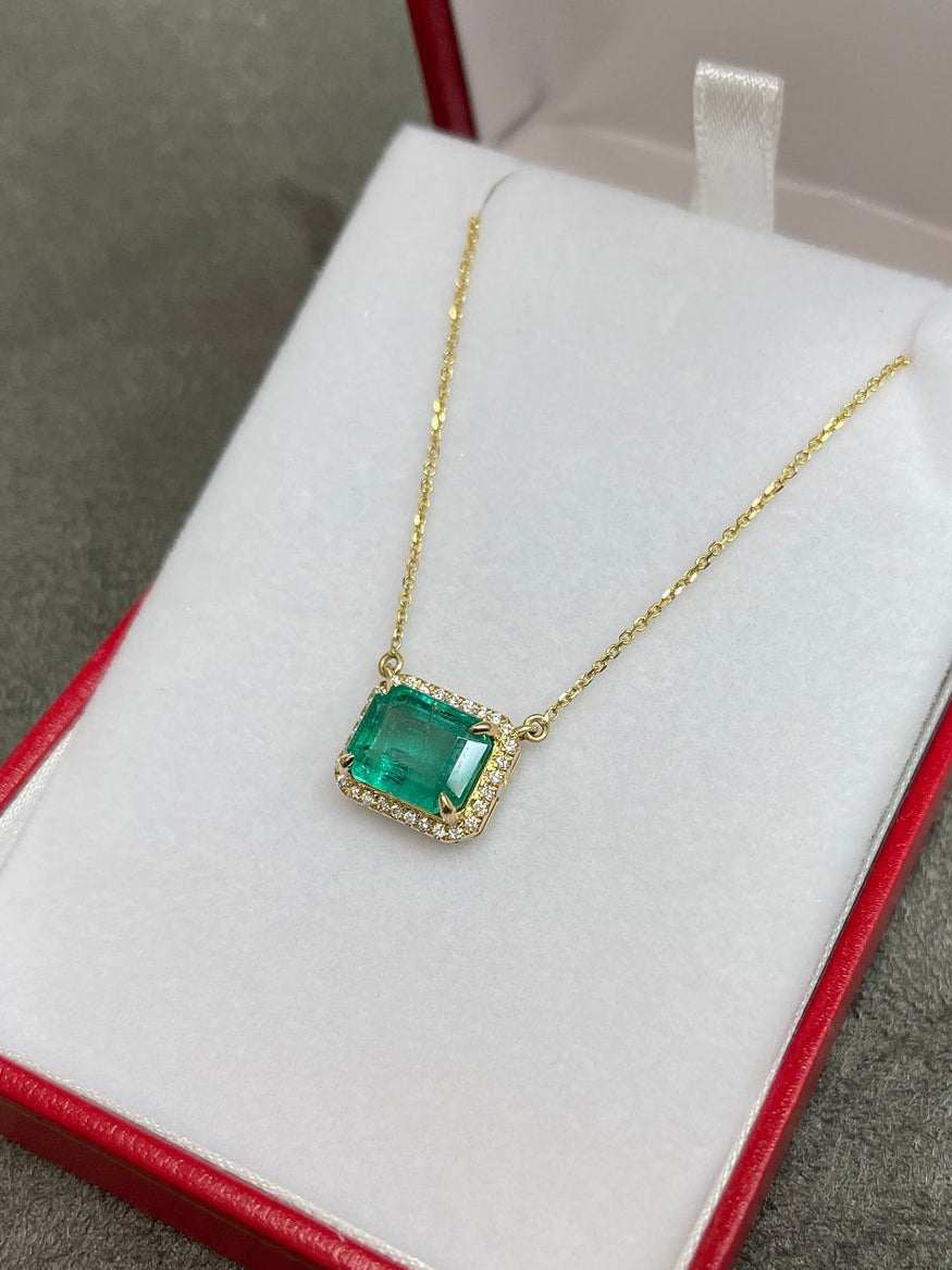 4.0tcw East To West Natural Rare Bluish Green Rectangle Emerald & Diamond Halo Stationary Necklace 14K - JR Colombian Emeralds