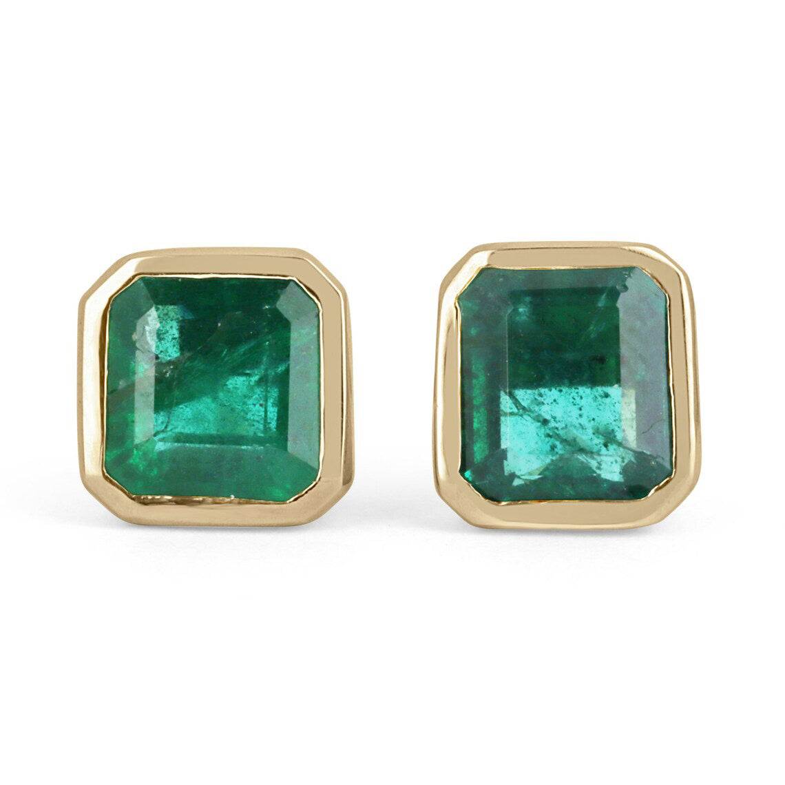 2.20tcw Asscher Cut Natural Emerald Dark Green Bezel Set Earrings 14K in yellow gold.