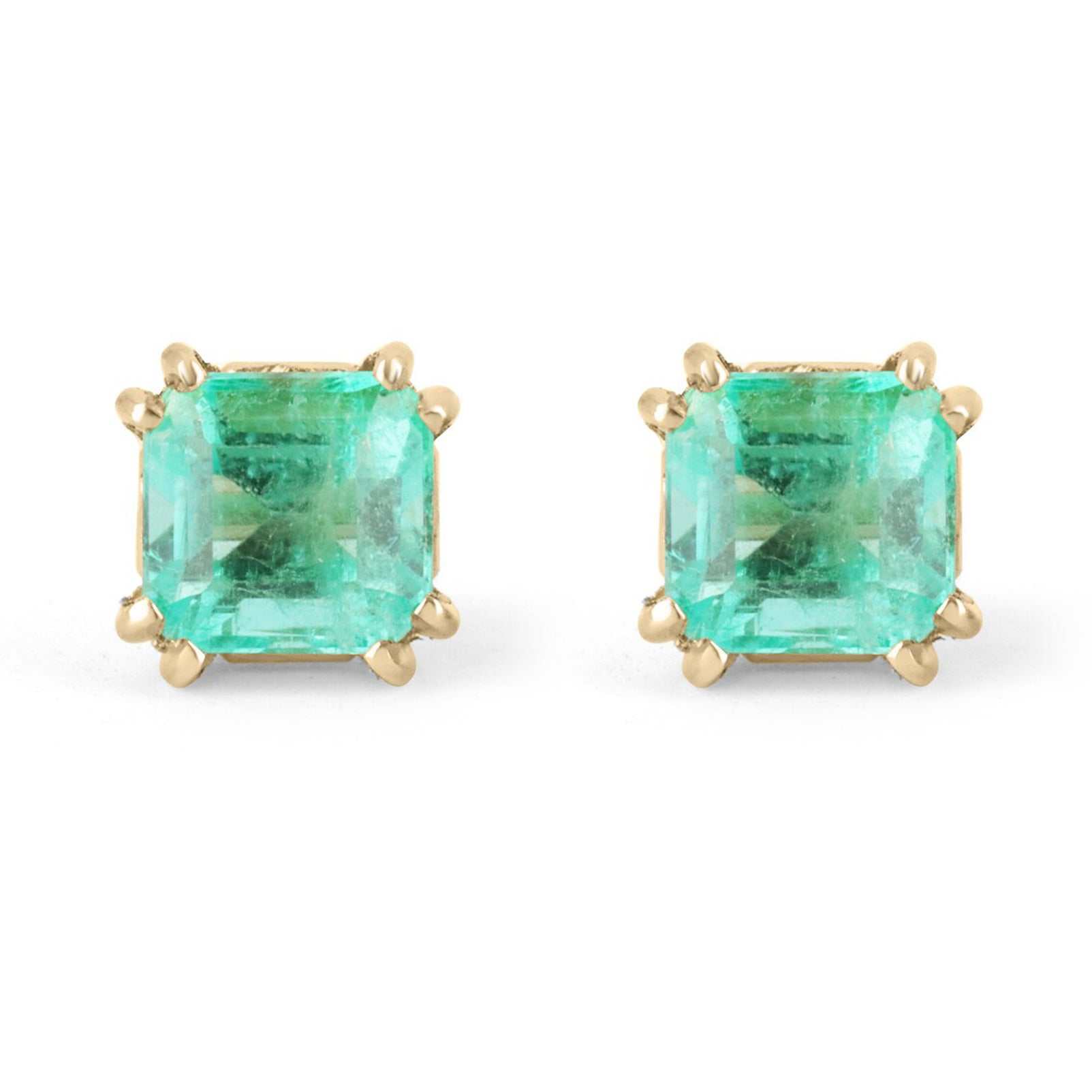 1.73tcw Asscher cut rich green Colombian emerald earrings in 14K gold.