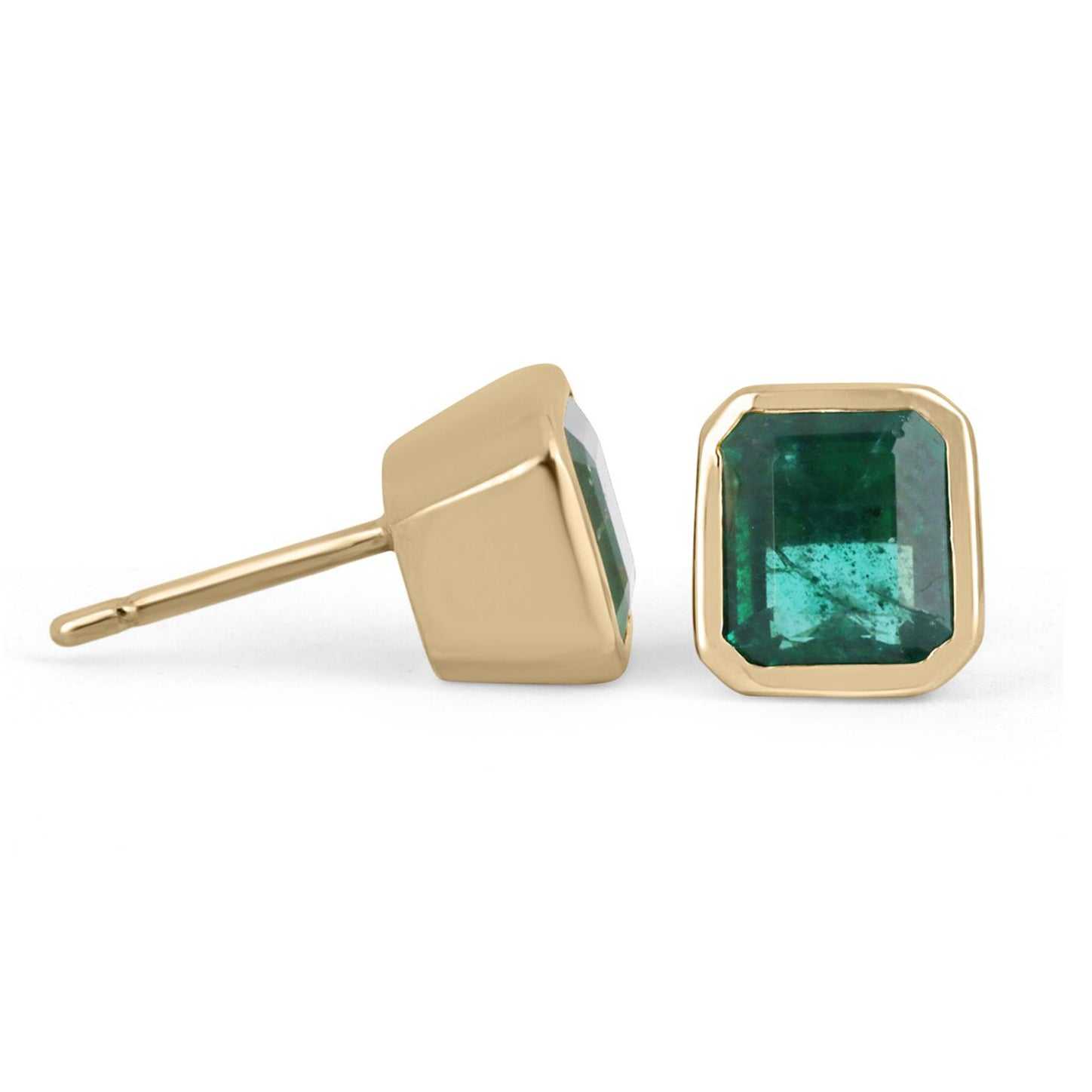 2.20tcw Asscher Cut Natural Emerald Dark Green Bezel Set Earrings 14K
