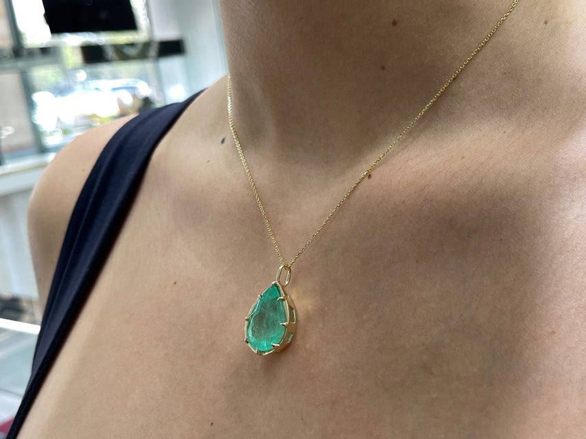 16.15ct 14K Massive Pear Cut Spring Green Pear Teardrop Emerald 8 Claw Prong Pendant Necklace - JR Colombian Emeralds
