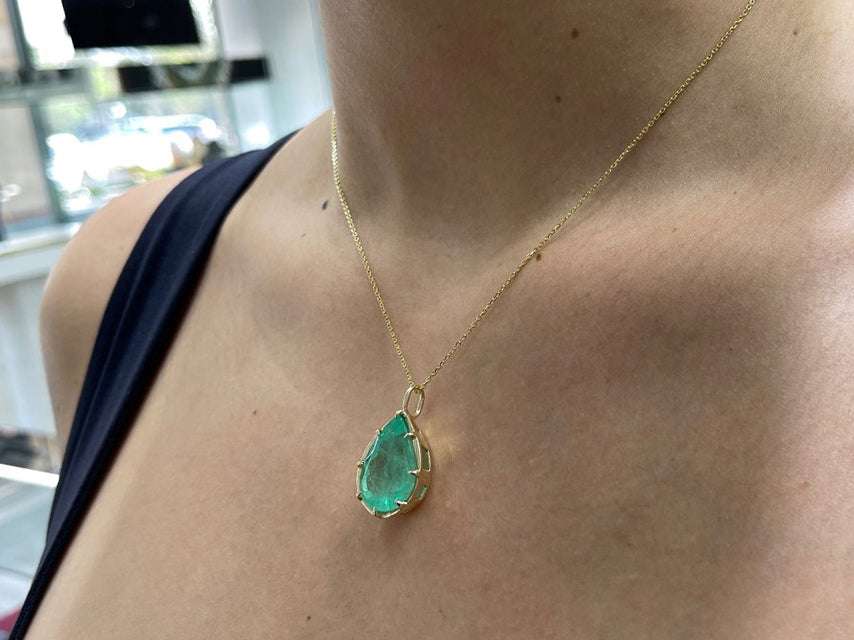 16.15ct 14K Massive Pear Cut Spring Green Pear Teardrop Emerald 8 Claw Prong Pendant Necklace - JR Colombian Emeralds