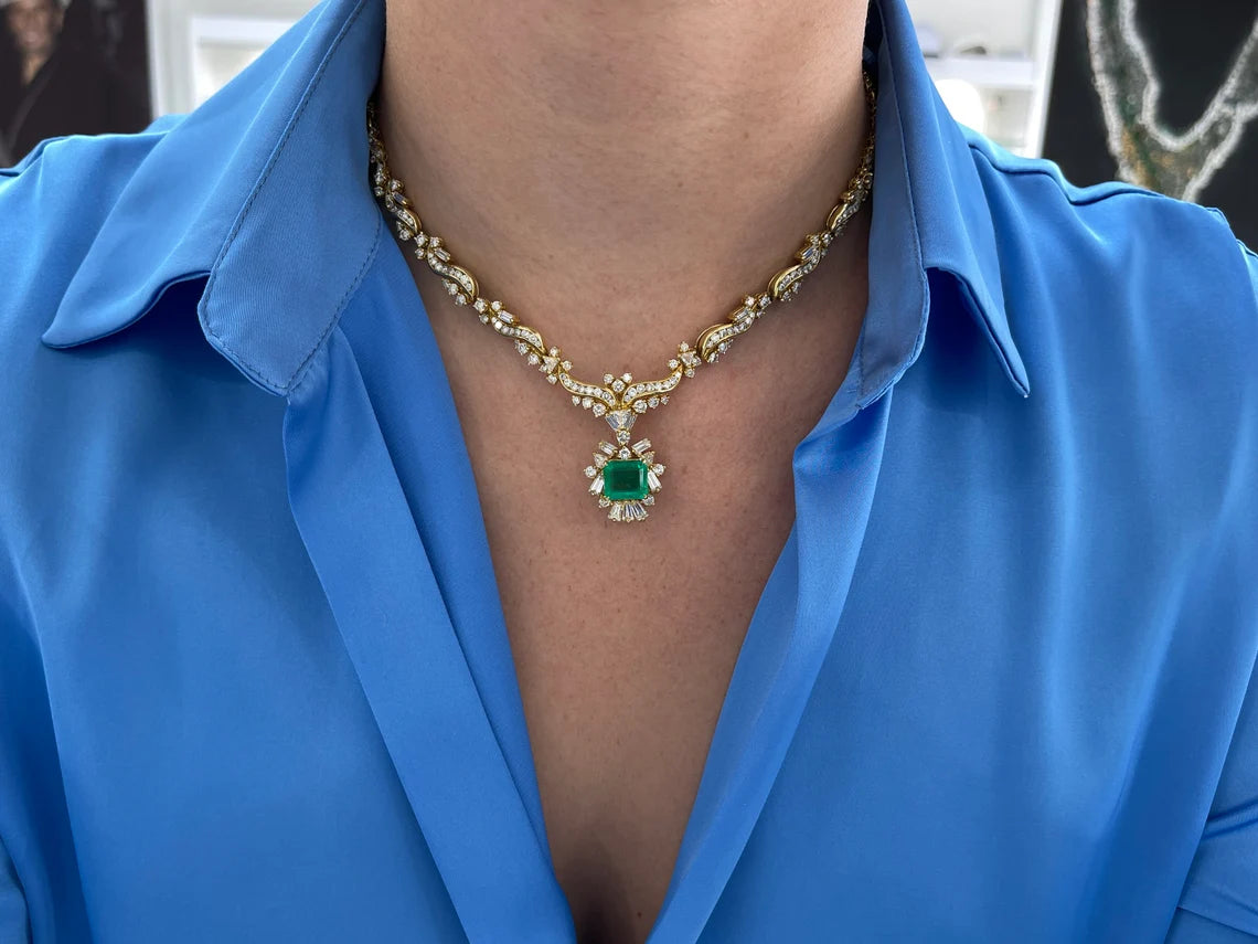 17.20tcw Colombian Emerald Diamond Statement Necklace with Multi-Cut Diamonds