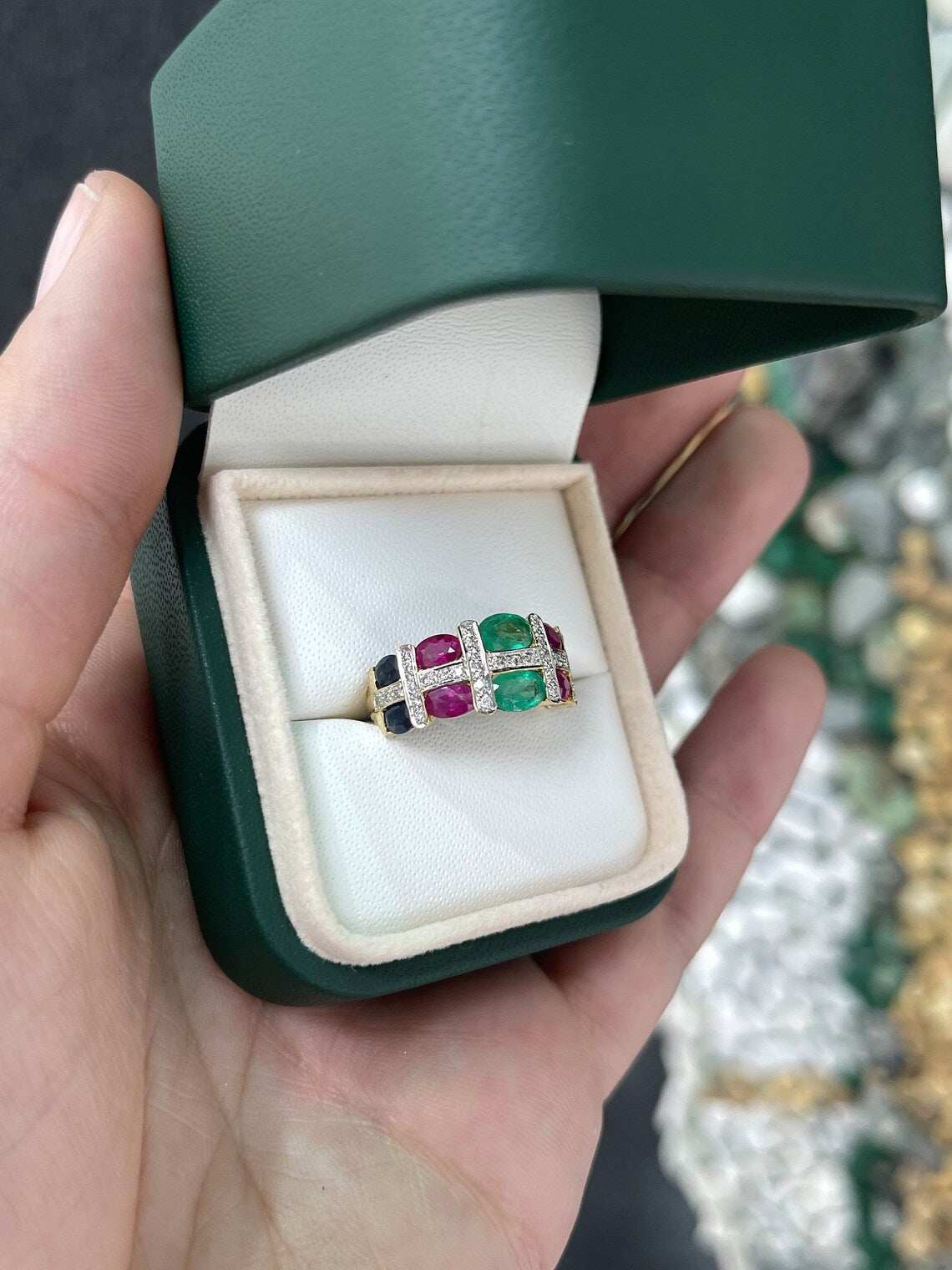 3.15 Carat Multi Gemstone Oval Emerald Ruby Sapphire Diamond Ring