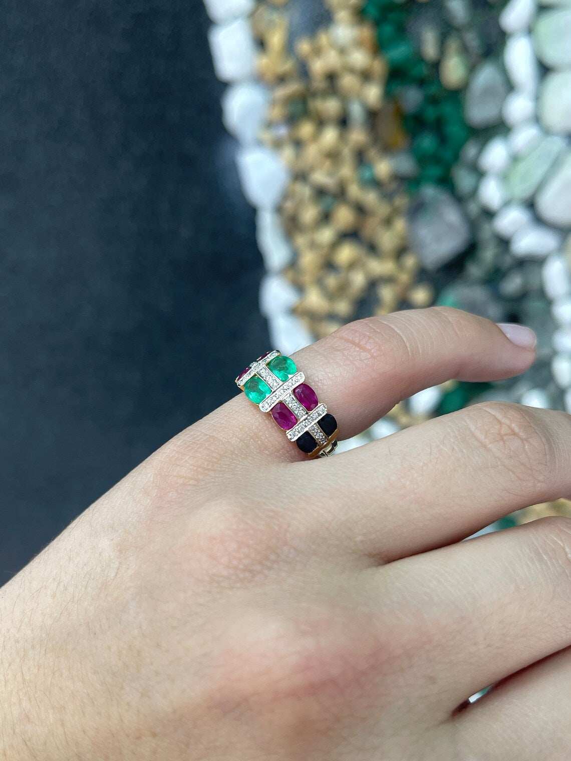 3.15 Carat Multi Gemstone Oval Emerald Ruby Sapphire Diamond Ring