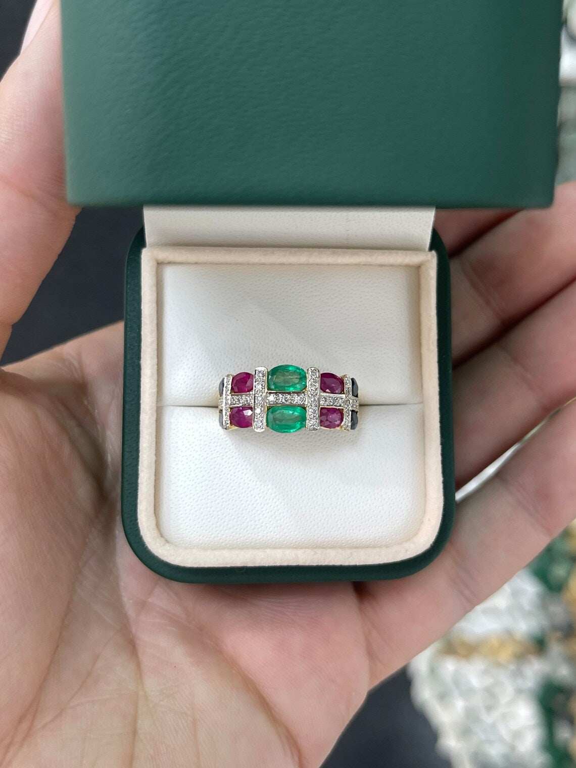 3.15 Carat Multi Gemstone Oval Emerald Ruby Sapphire Diamond Ring
