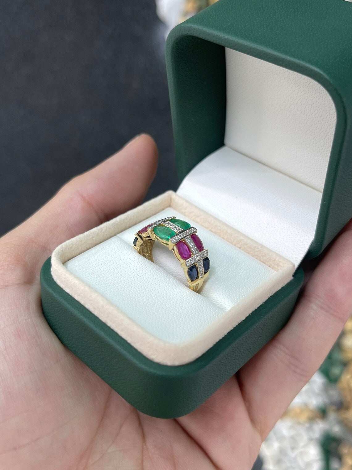 3.15 Carat Multi Gemstone Oval Emerald Ruby Sapphire Diamond Ring