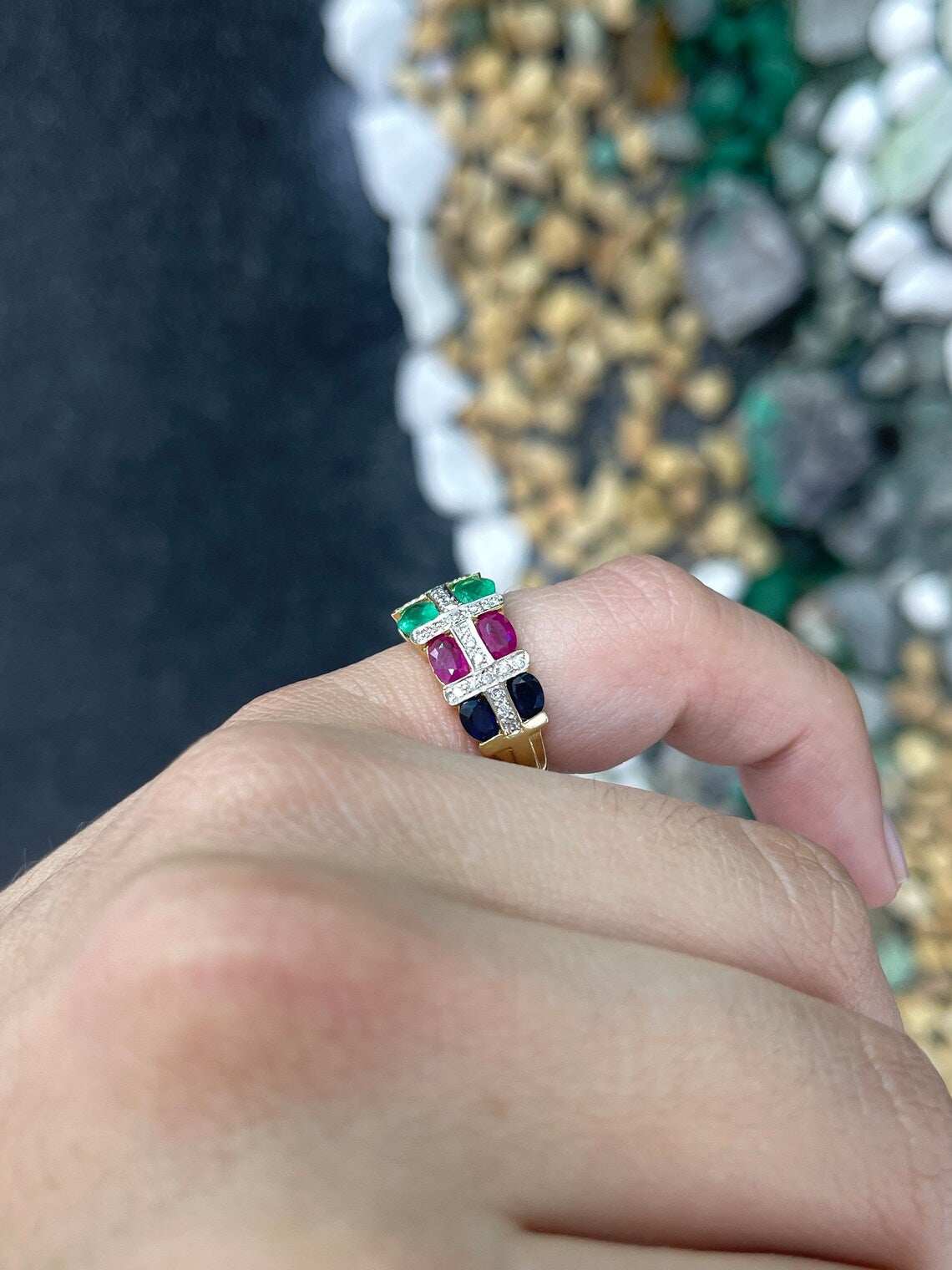 3.15 Carat Multi Gemstone Oval Emerald Ruby Sapphire Diamond Ring