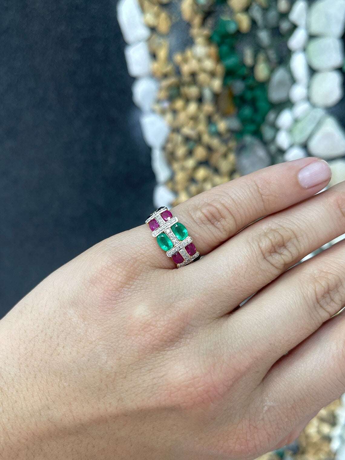 3.15 Carat Multi Gemstone Oval Emerald Ruby Sapphire Diamond Ring