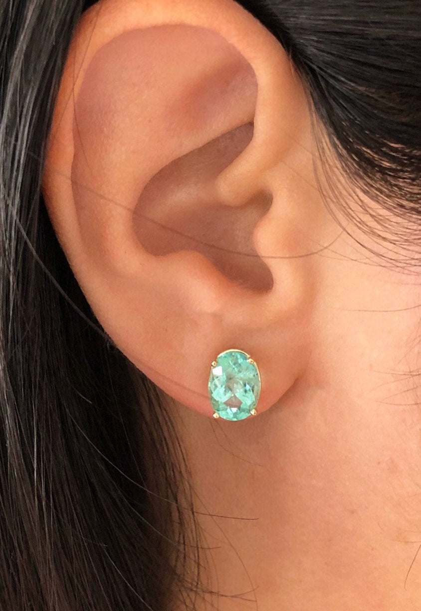 3.03tcw Oval Shape Beautiful Bright Green Colombian Emerald Solitaire Earrings 14K