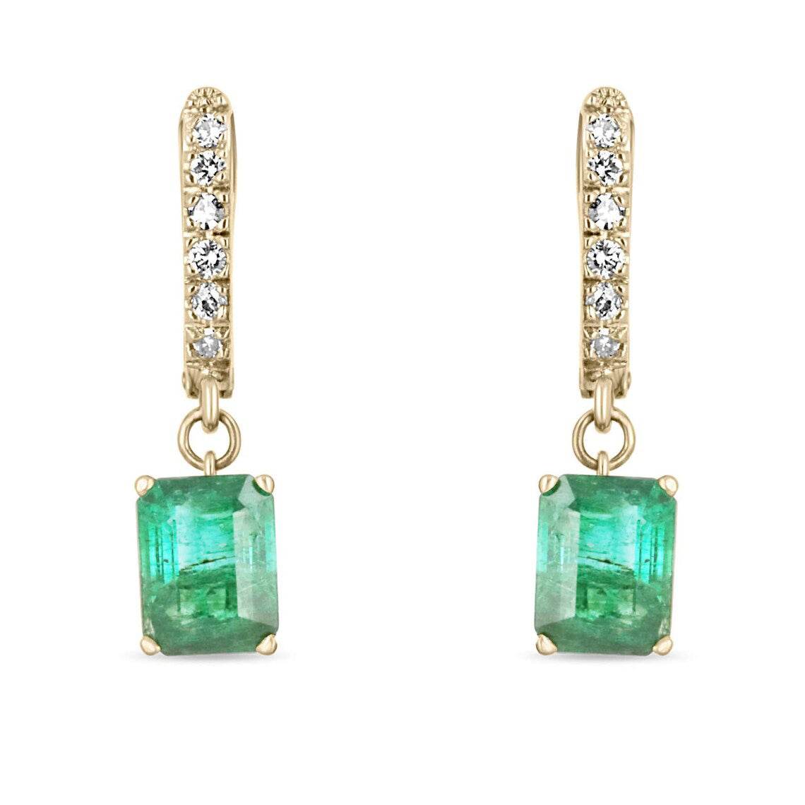 Rich dark green emerald and diamond earrings in 14K yellow gold with latch-back.
