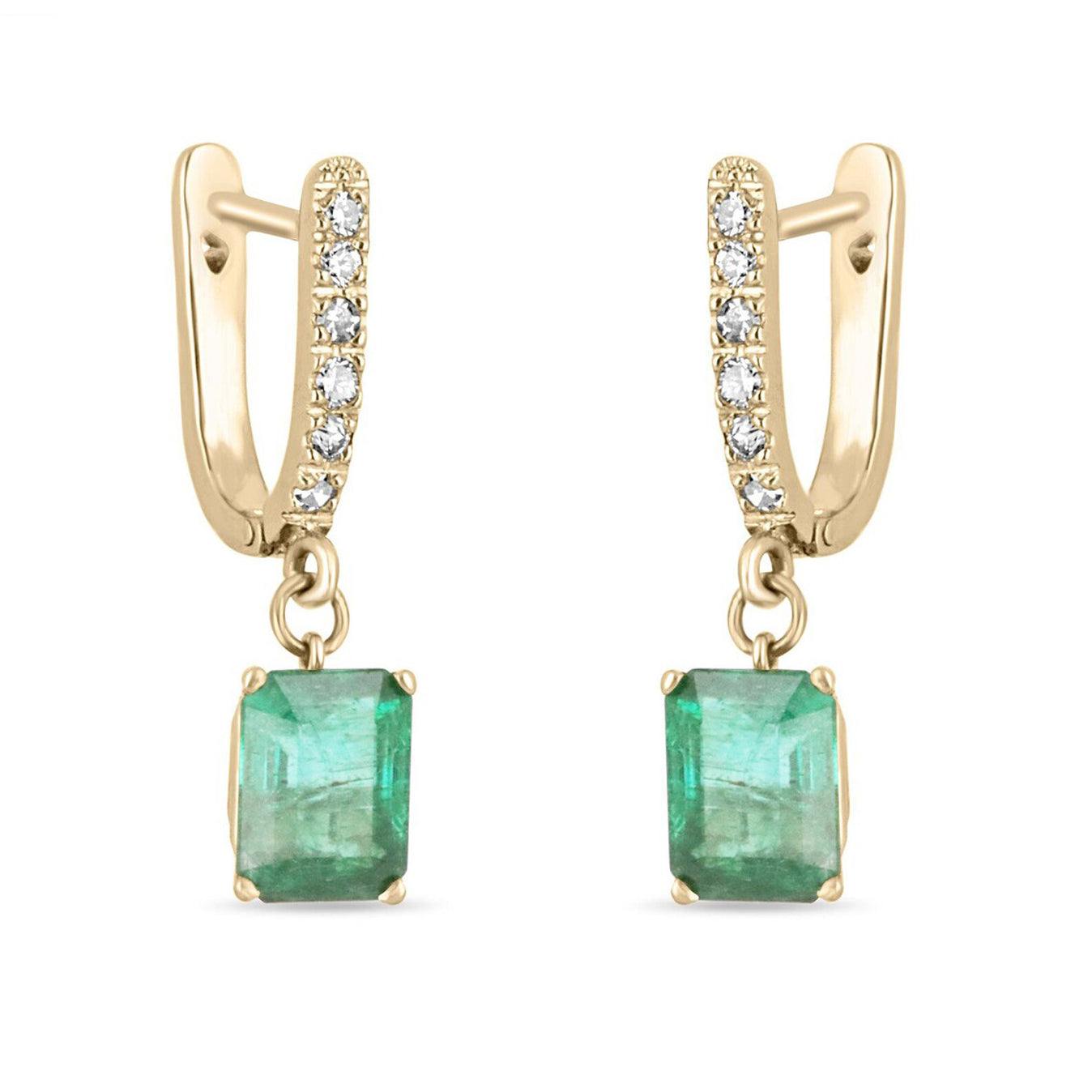 4.84tcw Rich Dark Green Emerald & Diamond Latch Back Omega Earrings 14K